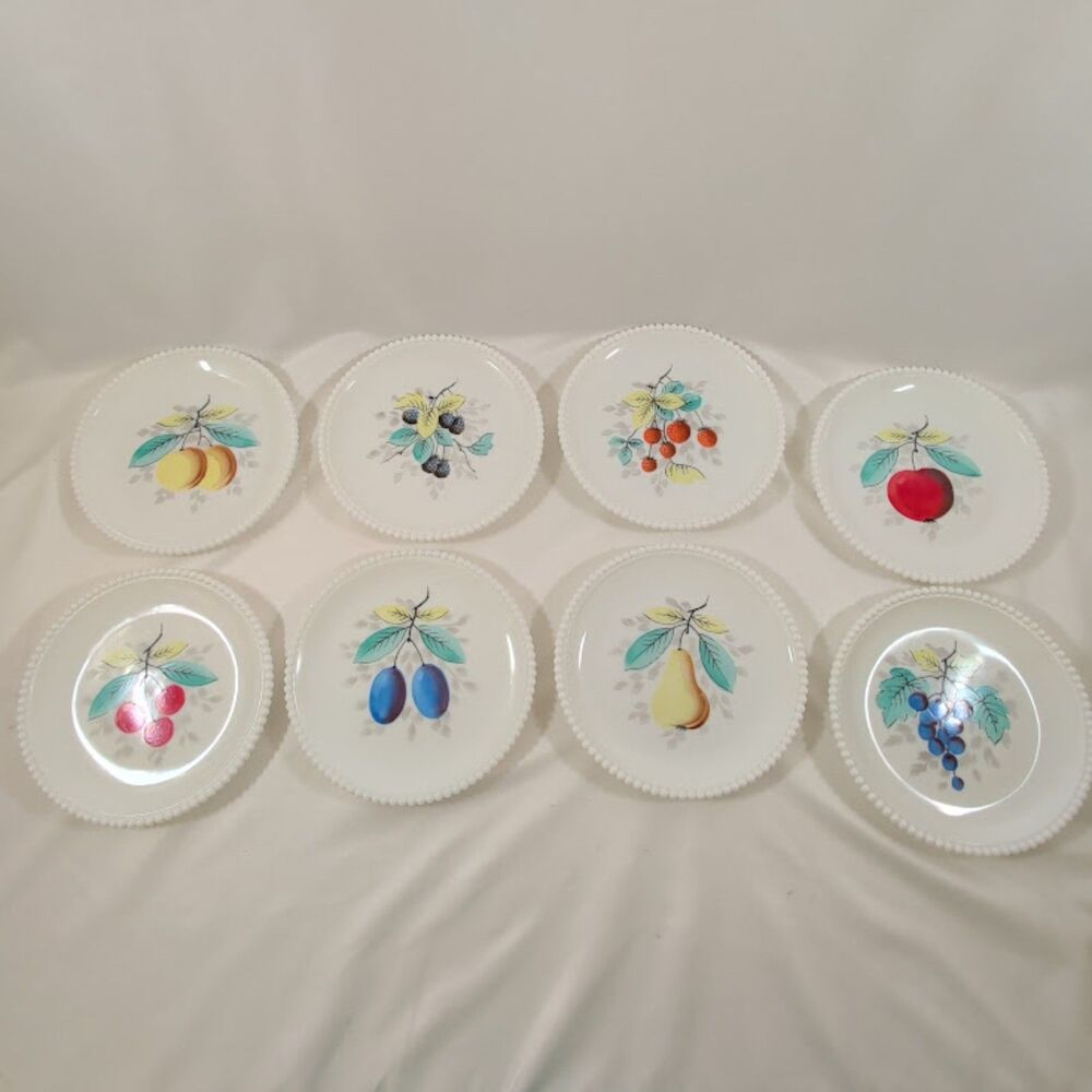 Vintage Westmoreland Milk Glass Fruit Salad Plates Set of 8 Beaded Edge WG